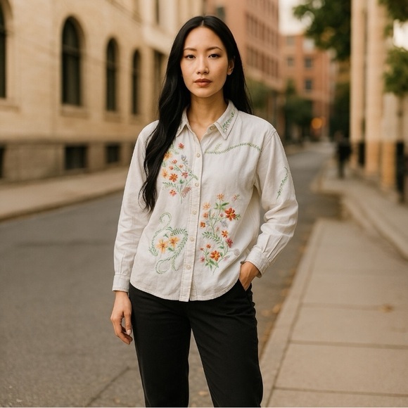 Carole Little White Shirt with Colorful Floral Embroidery - NWOT - Picture 2 of 5
